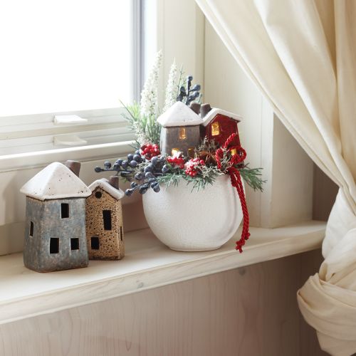 Floristik24 Kerámia házikó adventi dekoráció krémpiros szürke 8.5/9.5cm 3 darab