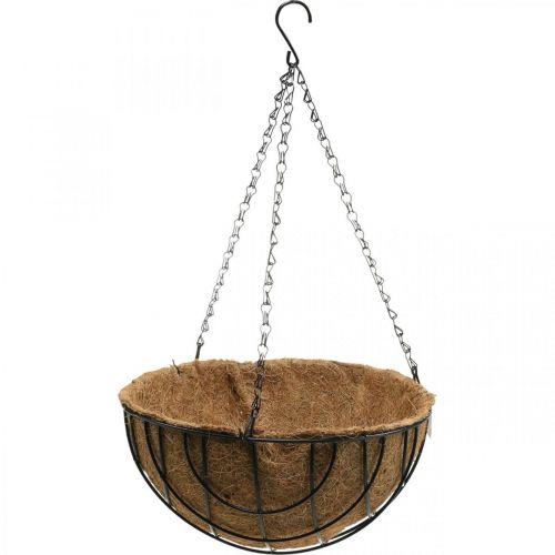 Floristik24 Növénykosár akasztáshoz, akasztókosár fémből, natúr kókuszrost, fekete H15cm Ø30,5cm