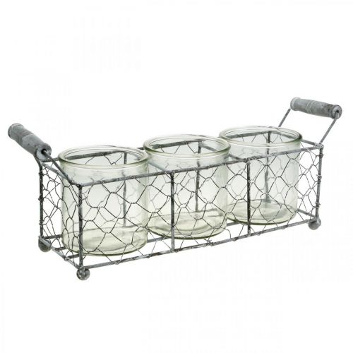 Vintage Deco üvegvázas lámpa drótkosárban, fehér 32×10,5 cm