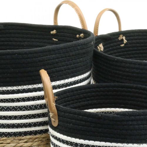tételeket 3 darabos fogantyús tárolókosár szett, növénykosár és tárolóedény, fekete-fehér, natúr felület, rakásolható, Ø32/28/23cm, M30/25/19cm