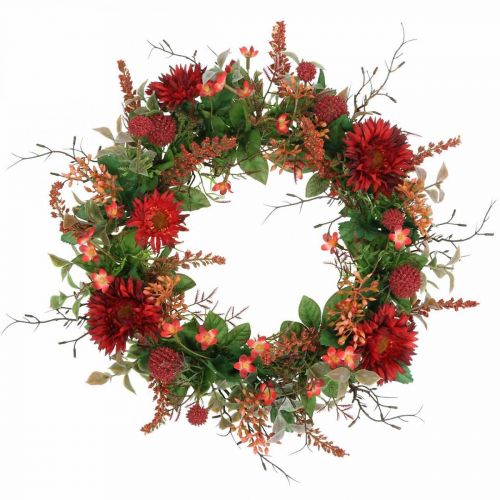 Floristik24 Őszi koszorú selyem virágok piros gerbera bogáncs ajtókoszorú Ø42cm