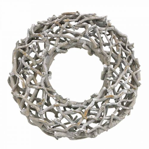 Floristik24 Dekoratív koszorúfa, meszelt szürke, natúr koszorús asztaldísz Ø50cm