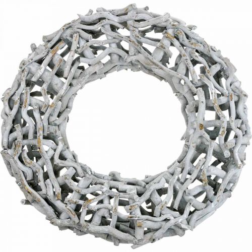 Floristik24 Dekoratív koszorú fa és gallyak fehérre meszelve Fa koszorú nagy Ø60cm