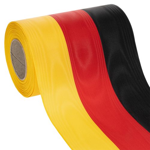 Moaré koszorú szalagok 150 mm-es fekete-piros-arany francia moaré hatással, 25 m-es tekercsben dekorációhoz és temetési szertartásokhoz vétel | Floristik24.hu