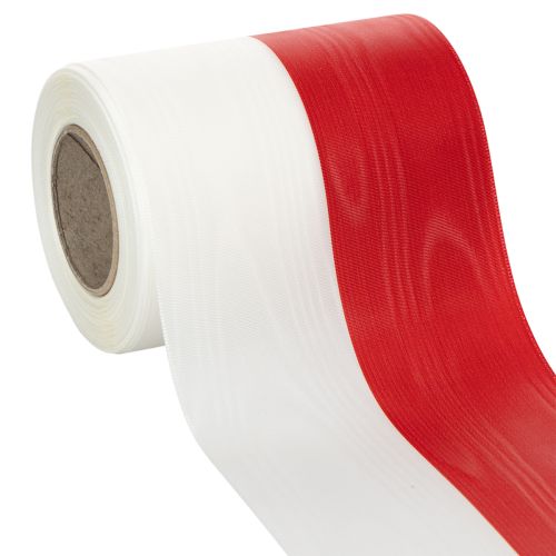 tételeket Fehér és piros moaré koszorúszalag, 125 mm - gyászszalag, díszszalag, masniszalag, ünnepi szalag, 25 m-es tekercs