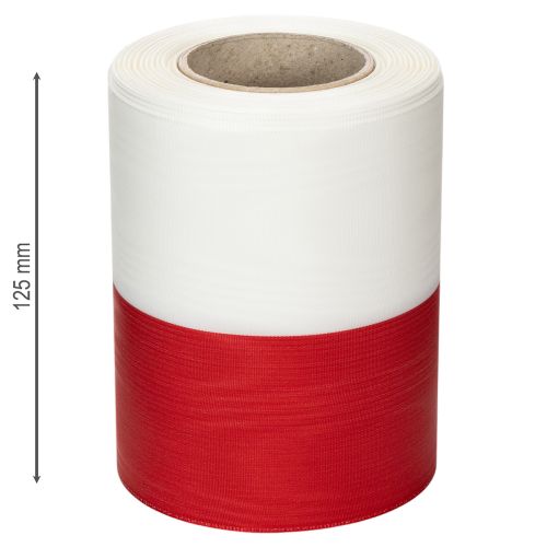 tételeket Fehér és piros moaré koszorúszalag, 125 mm - gyászszalag, díszszalag, masniszalag, ünnepi szalag, 25 m-es tekercs