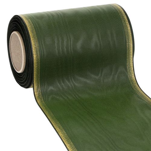Moiré koszorú szalag, 150 mm, sötétzöld, arany gyöngy szegéllyel, taft szövés, 25 m-es tekercs dekorációhoz és designhoz
