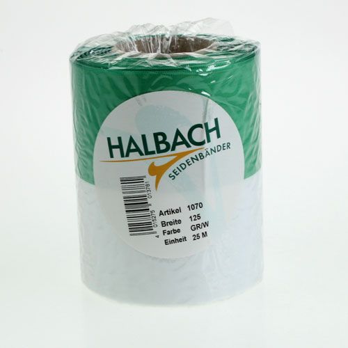 tételeket Moiré koszorú szalag 125 mm x 25 m zöld és fehér színben, taft szőtt szalag, nemzeti színű szalag, díszszalag