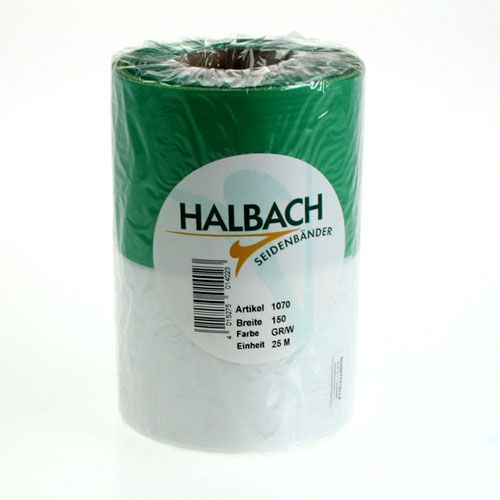 tételeket Moiré koszorú szalag zöld-fehér 150mm, díszszalag, masni szalag, taft minőségű 25m