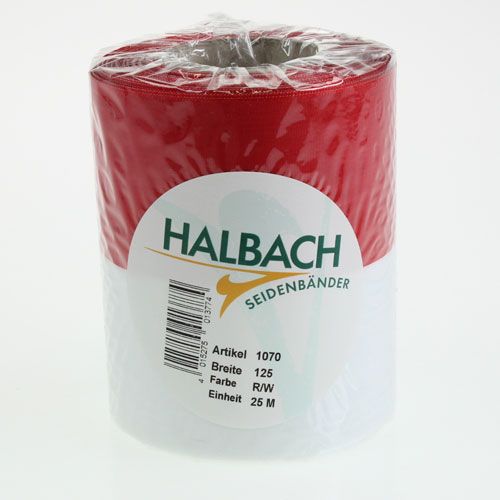 tételeket Fehér és piros moaré koszorúszalag, 125 mm - gyászszalag, díszszalag, masniszalag, ünnepi szalag, 25 m-es tekercs