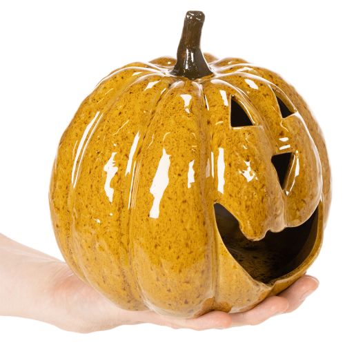 Kerámia tök arccal, LED díszítéssel, Halloween, 19cm | Floristik24.hu