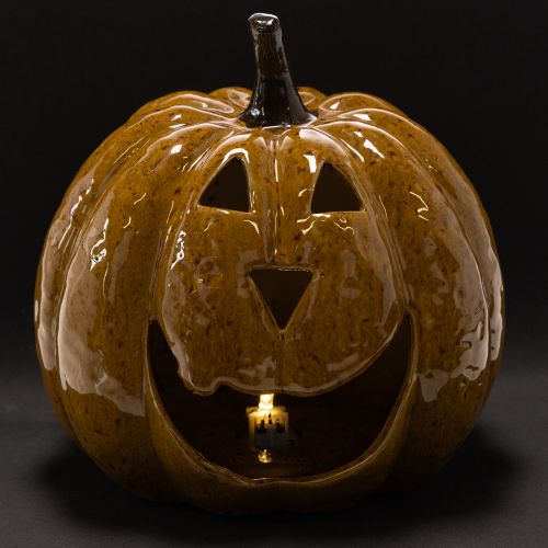 Kerámia tök arccal, LED díszítéssel, Halloween, 19cm | Floristik24.hu