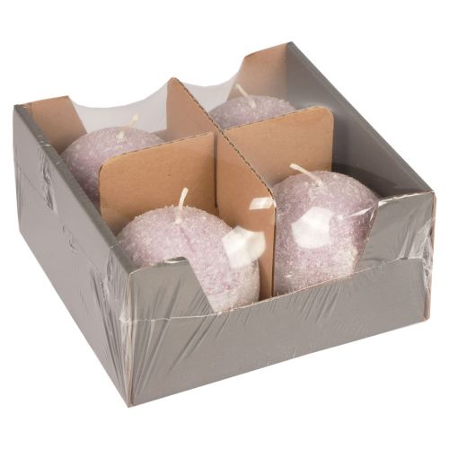 Floristik24 Kerek gyertyák Lila hógolyó csillogó golyós gyertyák 8 cm 4 db-os csomag