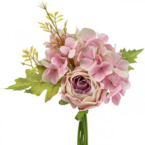 Mesterséges csokor, hortenzia csokor rózsákkal rózsaszín 32cm