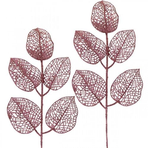 Mesterséges növények, deko levelek, műág rózsaszín csillám L36cm 10db