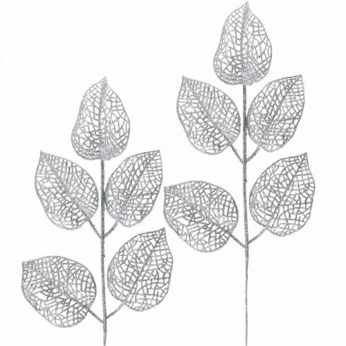 tételeket Műnövények, ágdísz, deco leveles ezüst csillám L36cm 10db