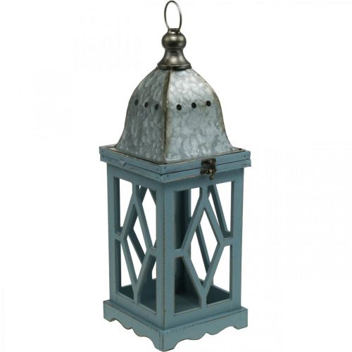 Fém díszítésű fa lámpás, függeszthető díszlámpás, kerti dekoráció kék-ezüst H51cm