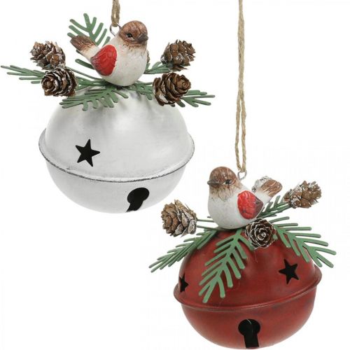 Floristik24 Harangok vörösbegyekkel, madárdíszek, téli, karácsonyi díszharangok fehér/piros Ø9cm H10cm 2 db-os készlet