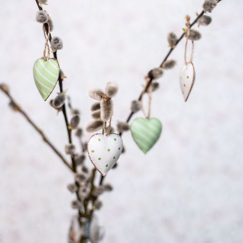 tételeket Fém akasztható szívek, Valentin-nap, tavaszi dekoráció, szív medál zöld, fehér H3,5cm 10db