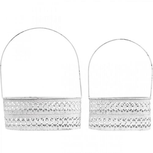 Floristik24 Fém kosár ovális, dekoratív edény ültetésre fehér, ezüst vintage megjelenés L17 / 22cm H25 / 28cm 2 db-os készlet