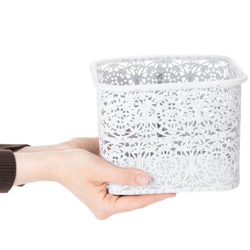 tételeket Csipkemintás fémtálak, díszes tárolóedény, szögletes, shabby chic, fehér, 27/23/19cm, M13,5cm, 3 db-os szett