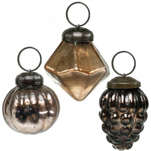 tételeket Mini karácsonyi labdák, gyémánt / golyó / kúp, üveg medálok keveréke antik megjelenés Ø3-3,5cm H4,5-5,5cm 9db