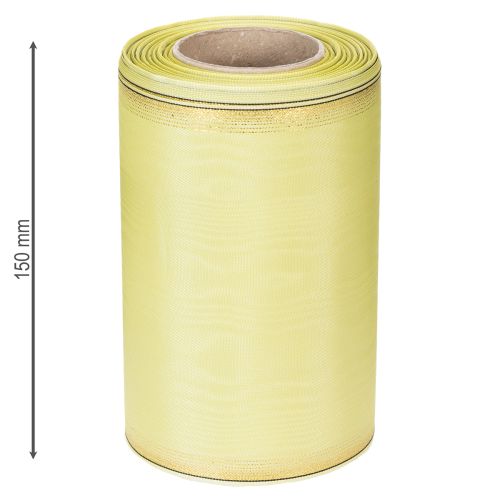 tételeket Moiré koszorú szalag 150mm 25m világoszöld színben arany szegéllyel virágkötészethez és dekorációhoz