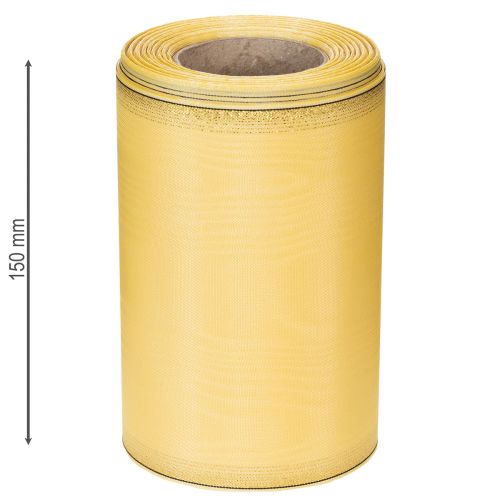 tételeket Moiré koszorú szalag, sárga, arany szegéllyel, dekoratív virágmintás szalag, acetát/poliészter, 150mm x 25m