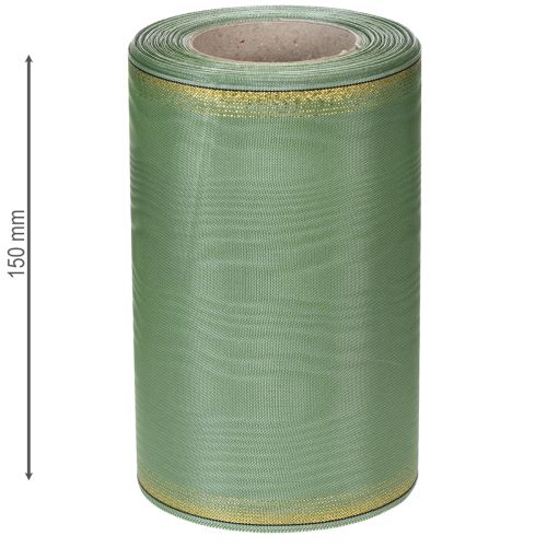tételeket Moiré koszorúszalag zsályazöld arany szegéllyel, 150mm x 25m, díszszalag virágkötészethez és koszorúkhoz