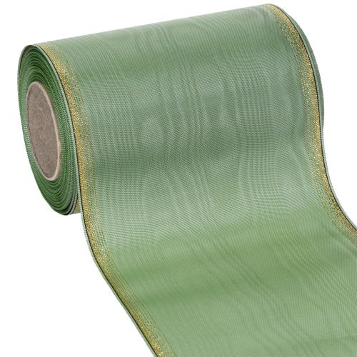 Floristik24 Moiré koszorúszalag zsályazöld arany szegéllyel, 150mm x 25m, díszszalag virágkötészethez és koszorúkhoz