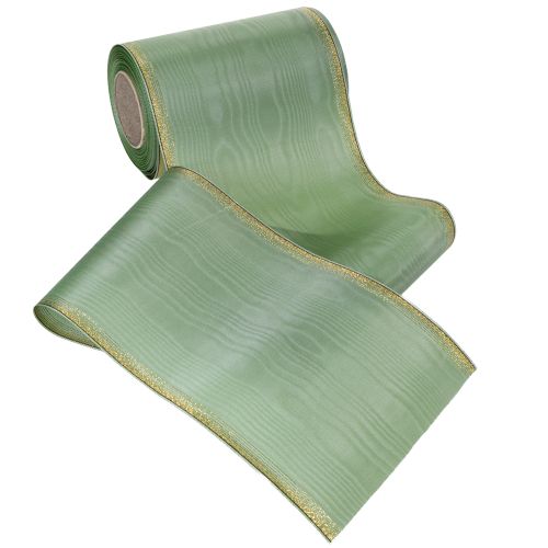 tételeket Moiré koszorúszalag zsályazöld arany szegéllyel, 150mm x 25m, díszszalag virágkötészethez és koszorúkhoz
