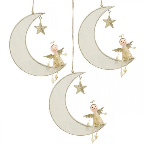 Floristik24 Adventi dekoráció, angyal a Holdon, fa dekoráció akasztáshoz fehér, arany H14,5cm sz21,5cm 3db