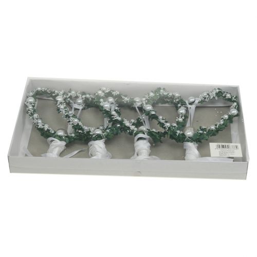 Floristik24 Mirusz szív szalaggal, gyöngyökkel, tubusokkal fehér 4db