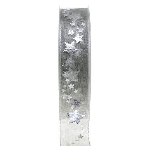 Floristik24 Deco szalag organza csillag motívummal szürke 25mm 20m