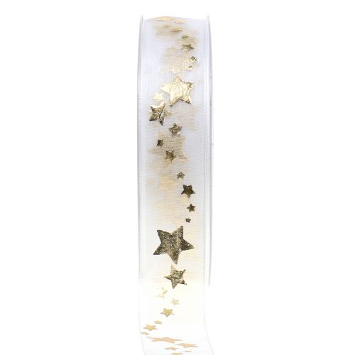 Floristik24 Dekoratív organza szalag csillag motívummal fehér 25mm 20m