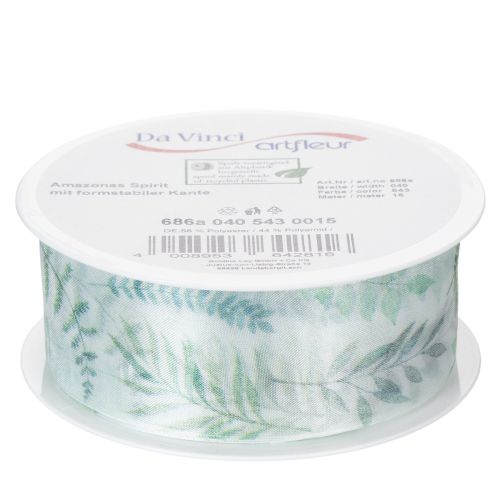 tételeket Organza szalag, sifon szalag, leveles ágak, zöld, 40mm, 15m