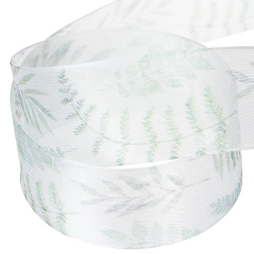 tételeket Organza szalag, sifon szalag, leveles ágak, zöld, 40mm, 15m