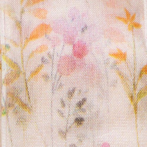 tételeket Organza szalag, sifon szalag, virágmintás, narancssárga/rózsaszín, 40 mm, 15 m