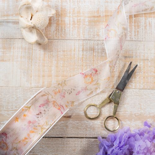 tételeket Organza szalag, sifon szalag, virágmintás, narancssárga/rózsaszín, 40 mm, 15 m