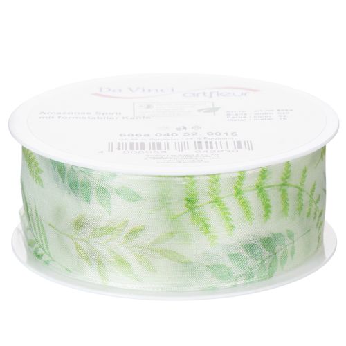 tételeket Organza szalag, sifon szalag, zöld színű, levélkagylókkal, 40 mm széles, 15 m hosszú