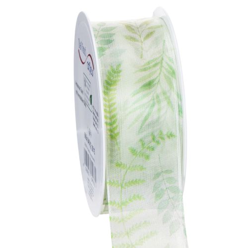Floristik24 Organza szalag, sifon szalag, zöld színű, levélkagylókkal, 40 mm széles, 15 m hosszú