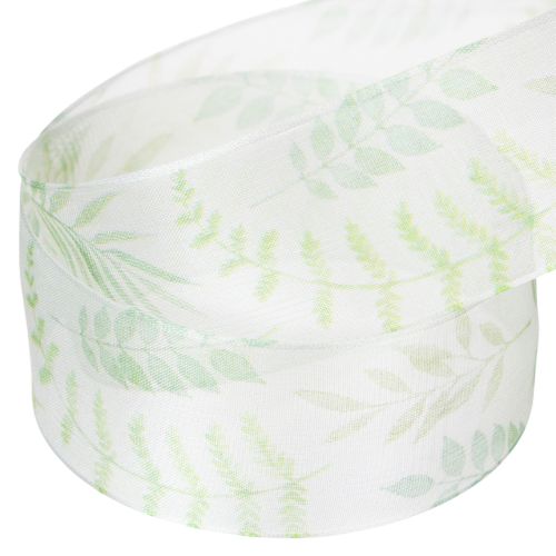 tételeket Organza szalag, sifon szalag, zöld színű, levélkagylókkal, 40 mm széles, 15 m hosszú
