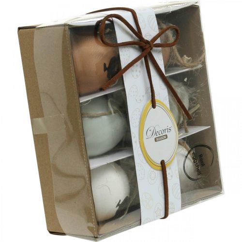 Floristik24 Húsvéti dekoráció, akasztható csirke tojás, dekortojások toll és csirke, barna, kék, fehér 6db-os készlet