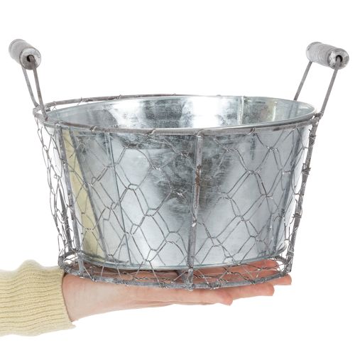 Növénykosár betéttel, drótkosár, virágtartó, tavaszi ezüst, fehérre meszelt, shabby chic, Ø22cm H17.5cm | Floristik24.hu
