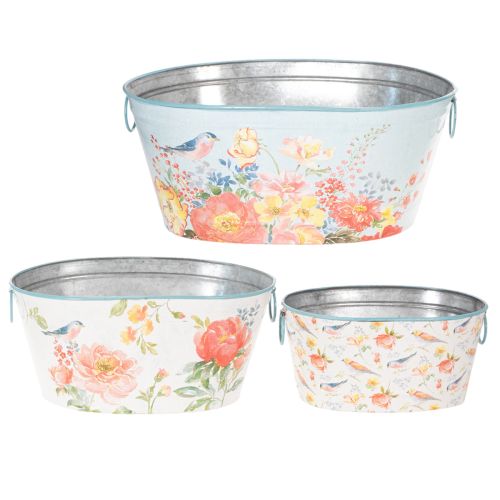Ültetőtálak, tavaszi, virág-/madárkaspók, ovális fém edény H39/31/24,5cm, 3 db-os szett | Floristik24.hu