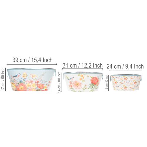 Ültetőtálak, tavaszi, virág-/madárkaspók, ovális fém edény H39/31/24,5cm, 3 db-os szett | Floristik24.hu