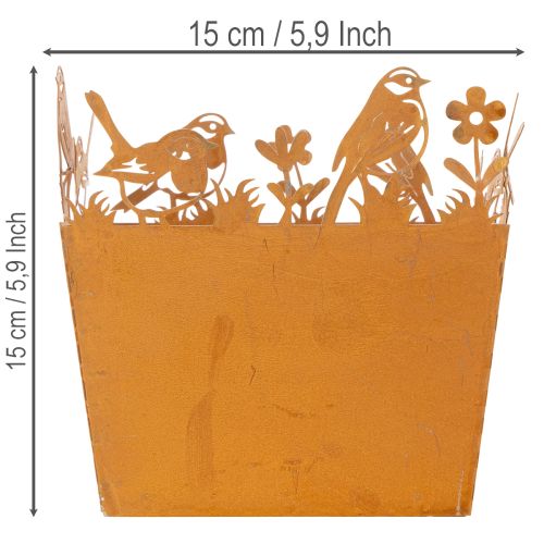 Fém kaspó madarakkal, virágtartó, rugós, rozsdabarna felülettel, 15,5 cm magas | Floristik24.hu