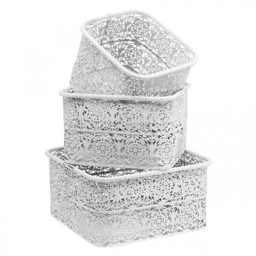 tételeket Fém tálak csipkemintás, szögletes díszedény, kopott sikkes, fehér 27/23/19cm H13,5cm 3 db-os készlet