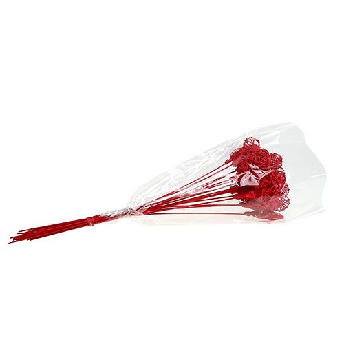 Floristik24 Rattan szív pálcán piros 7cm L45cm 18 db