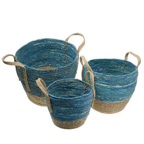 Floristik24 Rattan kosár természet/kék Ø40/32/26cm 3db